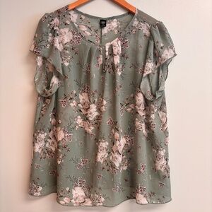 Shein Curve Sage Floral Ruffle Sleeve Blouse Plus Size 1X